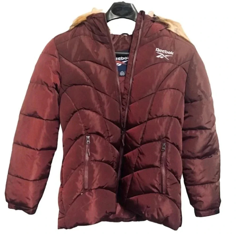 Reebok Cranberry Faux Fur Hood Puffer Coat Size Medium NWOT